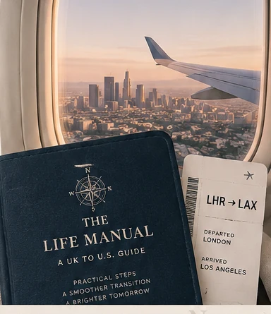 The Life Manual guide with a plane window overlooking Los Angeles and an LHR to LAX boarding pass