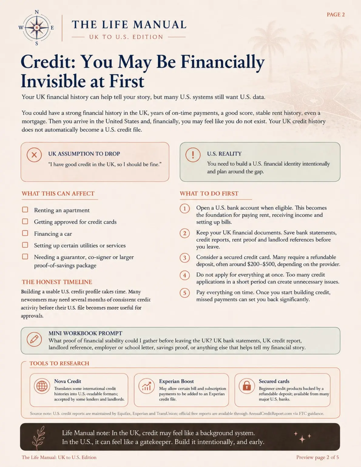 Credit page from The Life Manual beta explaining why UK credit history may not transfer to the U.S.