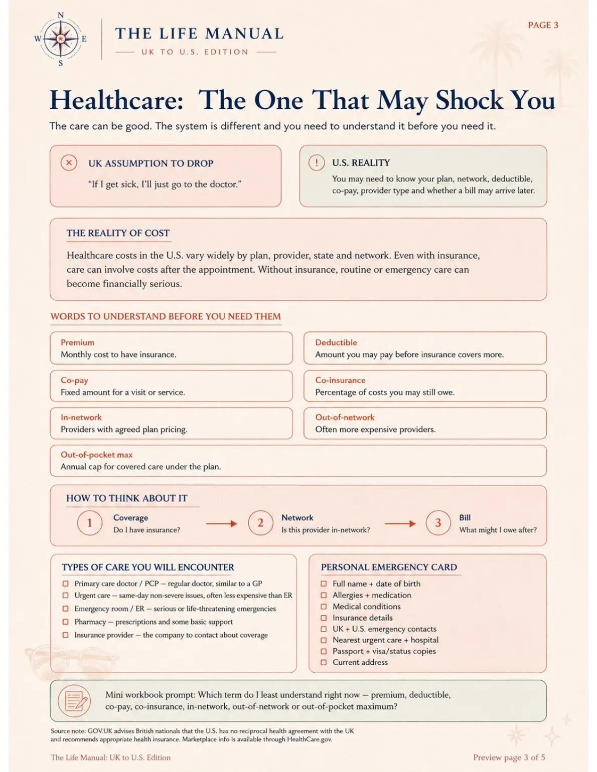 Healthcare page from The Life Manual beta explaining essential U.S. insurance terms and care options