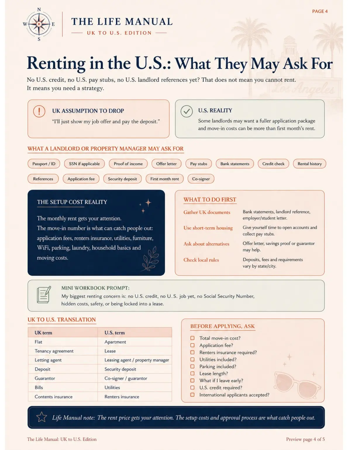 Renting page from The Life Manual beta explaining documents, setup costs and U.S. rental terminology